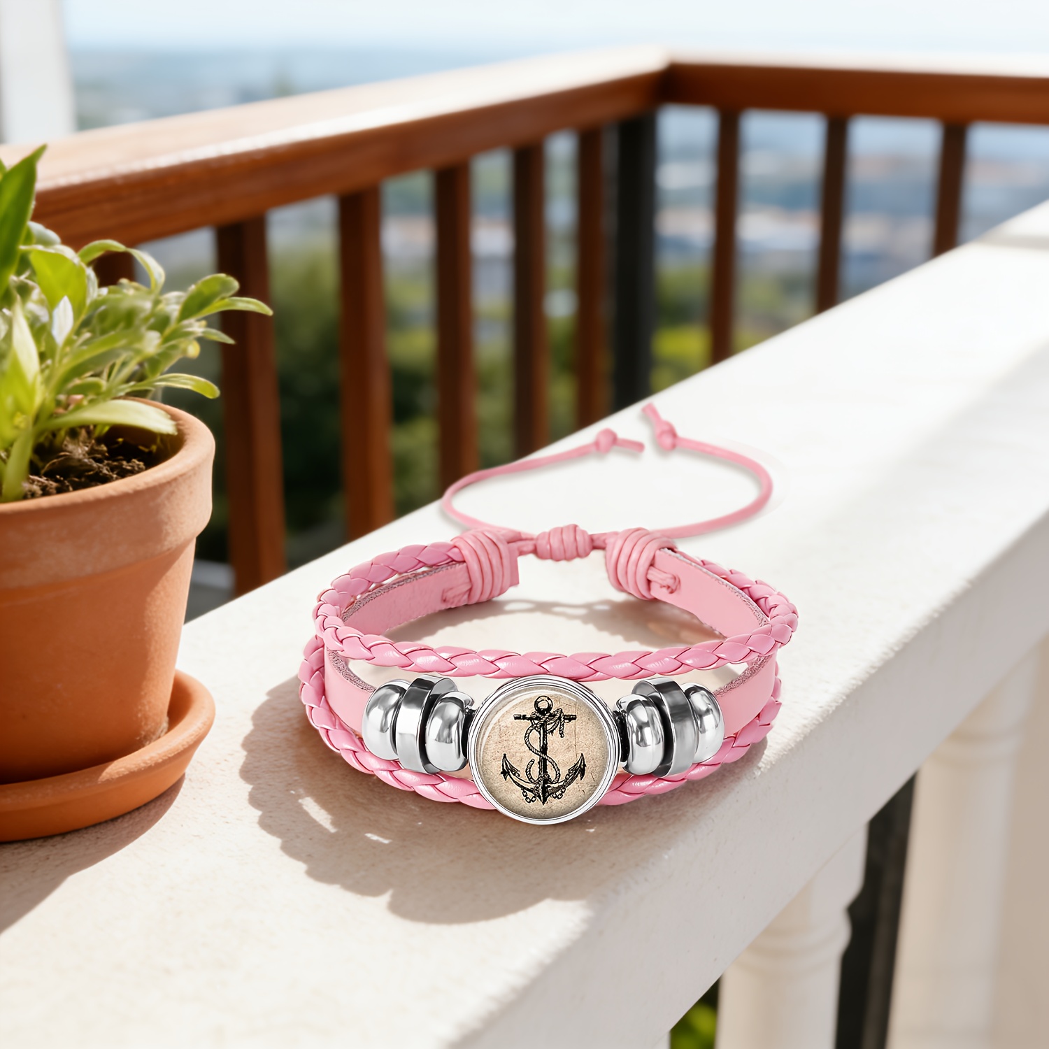 Pink Rope Bracelet with Black Anchor Design, Fresh & Cute